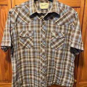 Wrangler Brown Plaid Short Sleeve Pearl Snap Shirt Size XL
